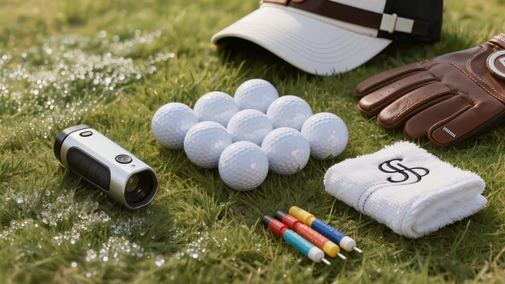 Golf gifts flatlay - golf balls, rangefinder, personalized towel and glove on green grass