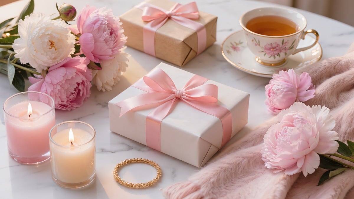 Best Mother's Day Gifts 2026 - pink peonies, wrapped gifts, candles and tea
