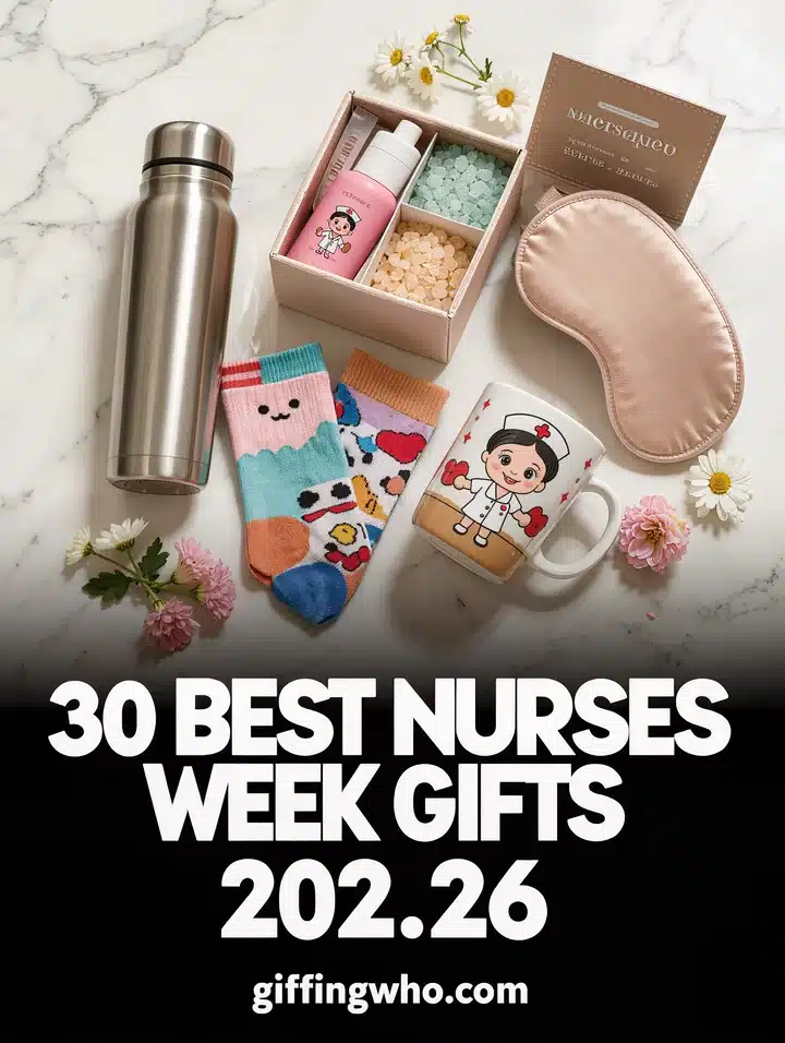 Nurses Week gift flatlay with spa items, tumbler, compression socks and nurse mug