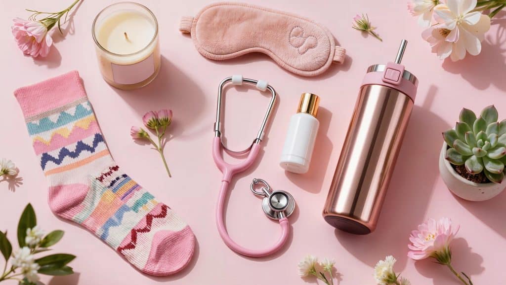 Aesthetic flat lay of nurse appreciation gifts including stethoscope, compression socks, tumbler, candle, eye mask, and succulent on a pink background
