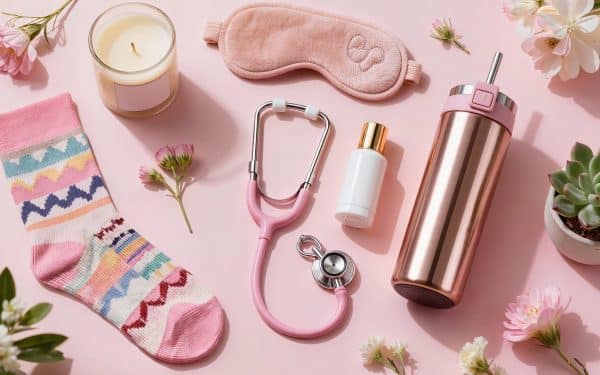 Aesthetic flat lay of nurse appreciation gifts including stethoscope, compression socks, tumbler, candle, eye mask, and succulent on a pink background