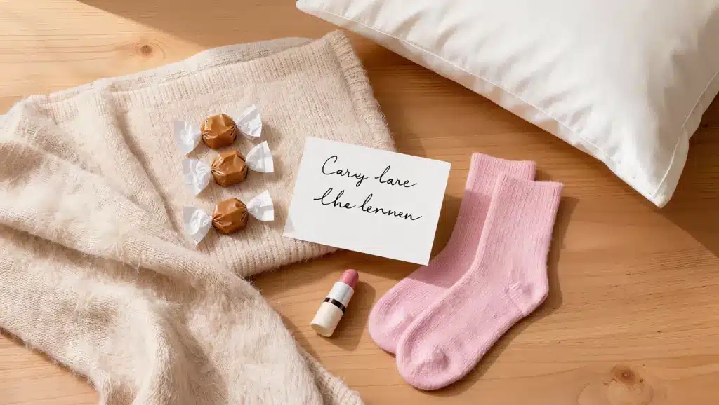 A warm flat lay photograph of a thoughtful chemo care package with cozy blanket, socks, ginger candies, and lip balm