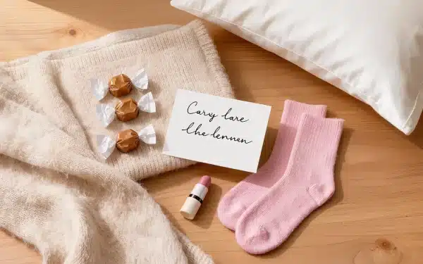 A warm flat lay photograph of a thoughtful chemo care package with cozy blanket, socks, ginger candies, and lip balm