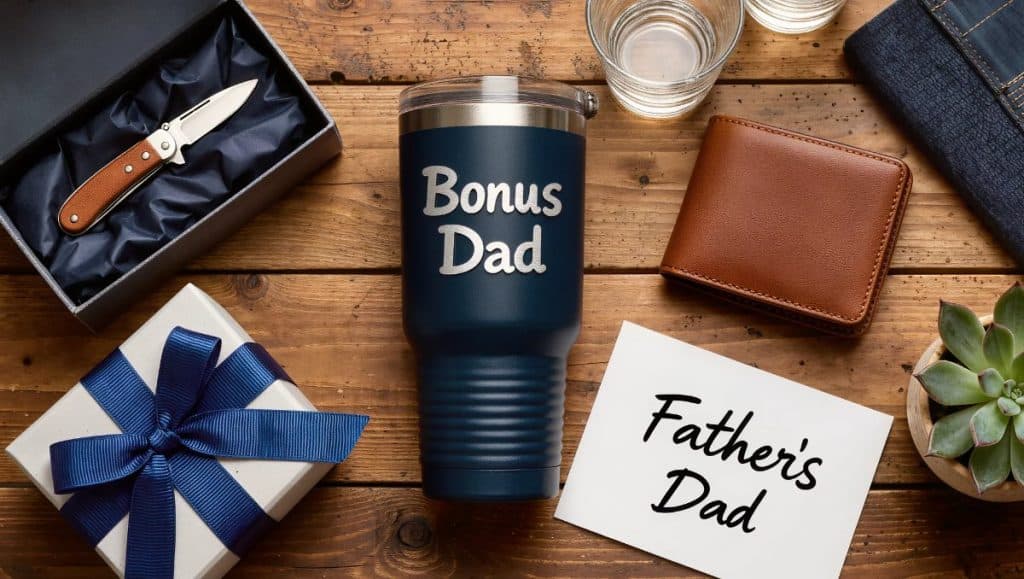 Father's Day gifts for stepdad flat lay featuring personalized tumbler, leather wallet, pocket knife, and gift boxes on rustic wooden table