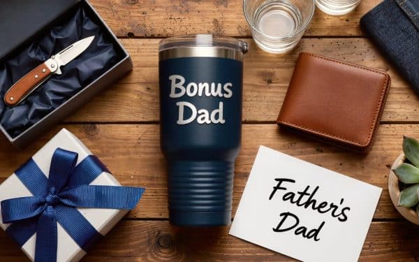 Father's Day gifts for stepdad flat lay featuring personalized tumbler, leather wallet, pocket knife, and gift boxes on rustic wooden table