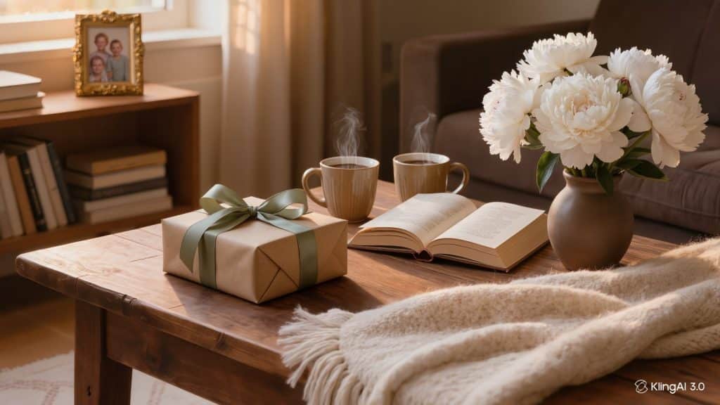 Cozy home scene with a beautifully wrapped gift, coffee mugs, and cashmere throw - celebrating the empty nester chapter