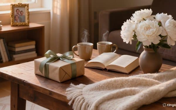 Cozy home scene with a beautifully wrapped gift, coffee mugs, and cashmere throw - celebrating the empty nester chapter