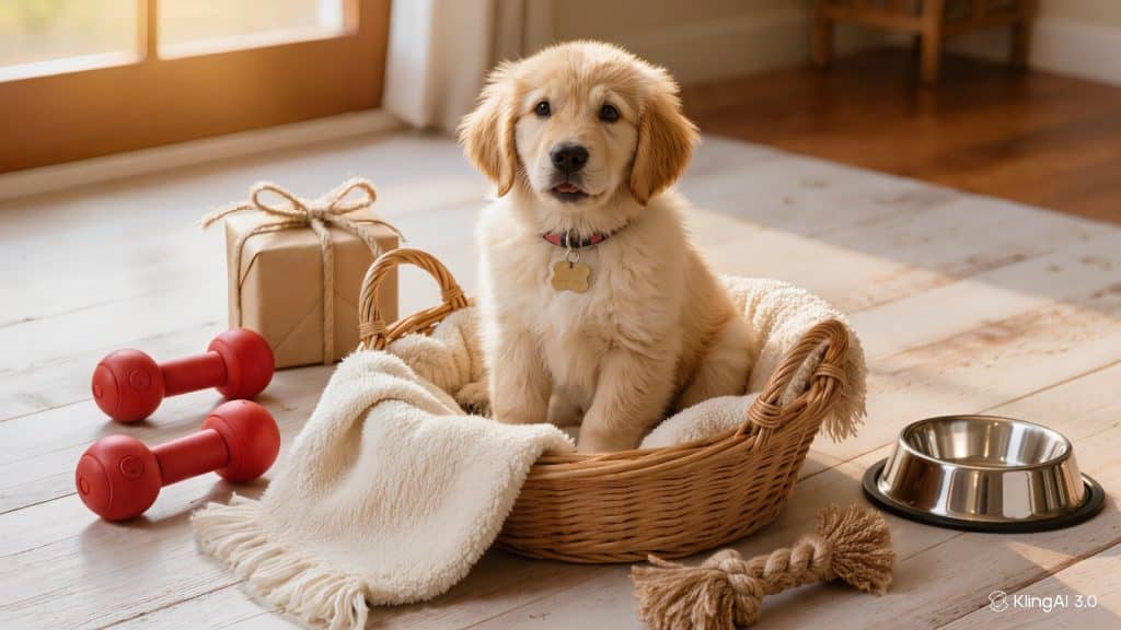 Golden retriever puppy in a basket with dog toys and a wrapped gift - the best gifts for new puppy owners