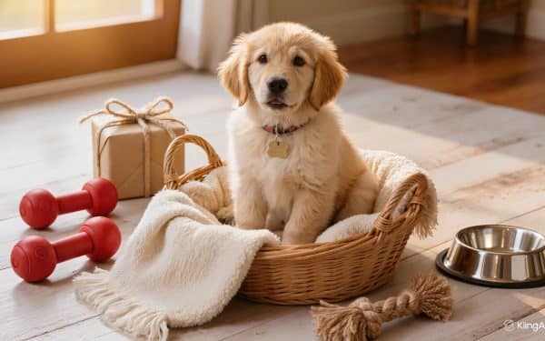 Golden retriever puppy in a basket with dog toys and a wrapped gift - the best gifts for new puppy owners