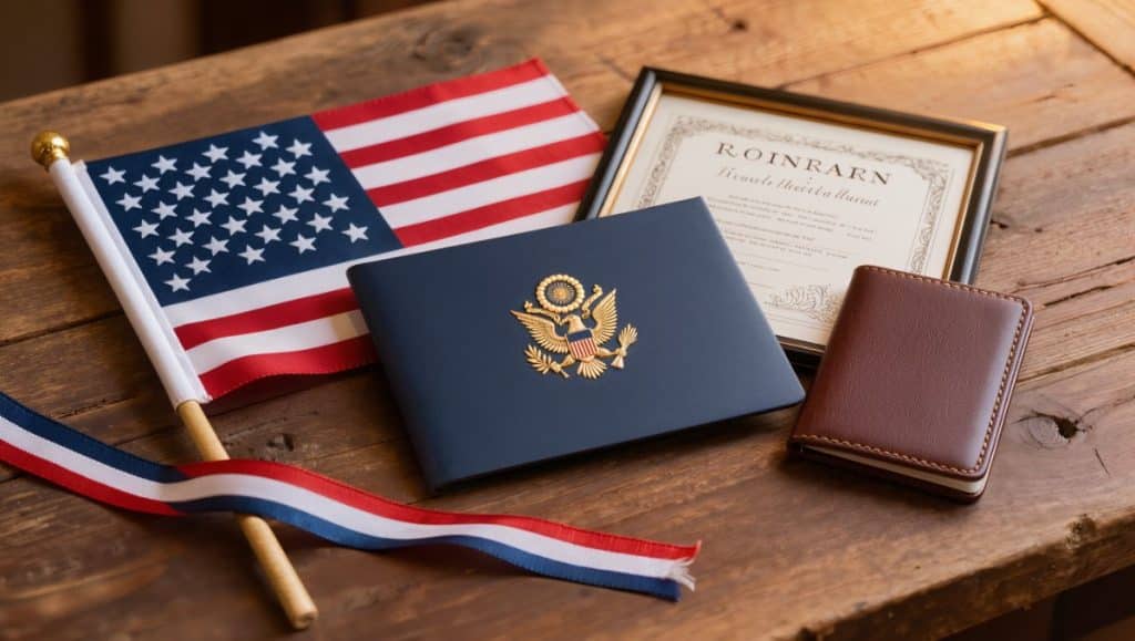 Thoughtful gifts for someone who just became a US citizen including American flag, naturalization certificate holder, and leather passport cover on rustic wooden table