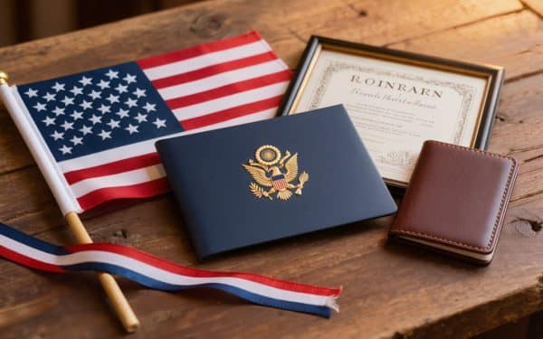 Thoughtful gifts for someone who just became a US citizen including American flag, naturalization certificate holder, and leather passport cover on rustic wooden table