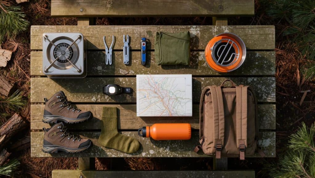 Outdoor adventure gifts flat lay with hiking boots, camping stove, multi-tool, headlamp, water bottle, and backpack on weathered picnic table