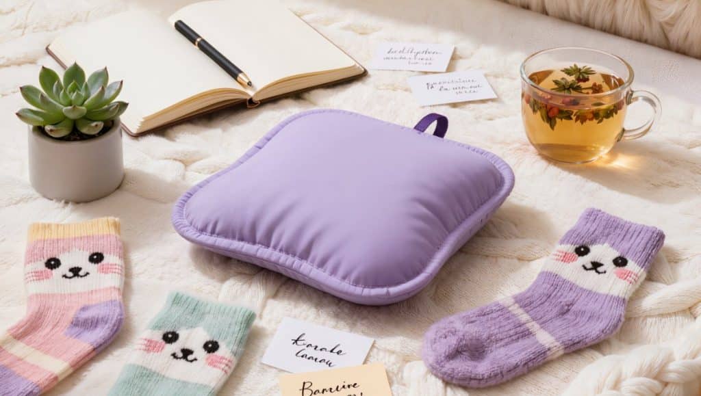 Comforting gifts for someone going through IVF including heating pad, fuzzy socks, journal, affirmation cards, and herbal tea on a cozy blanket