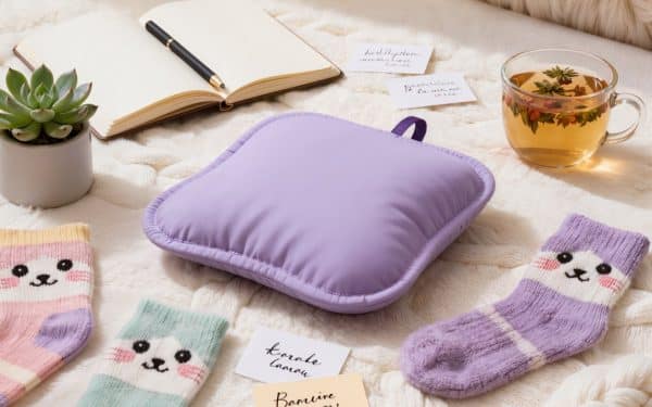 Comforting gifts for someone going through IVF including heating pad, fuzzy socks, journal, affirmation cards, and herbal tea on a cozy blanket