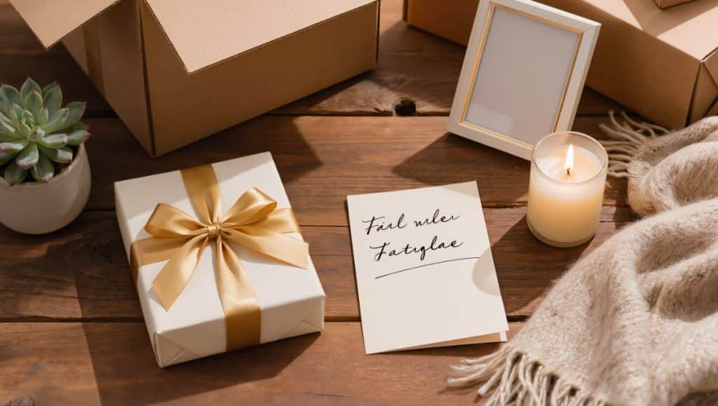 Going away gifts for someone moving - wrapped gift boxes, farewell card, candle, and moving boxes on rustic table