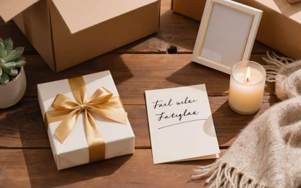 Going away gifts for someone moving - wrapped gift boxes, farewell card, candle, and moving boxes on rustic table