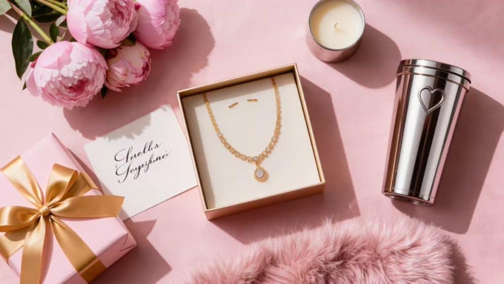 Thoughtful Mother's Day gifts for stepmom arranged on a pink tablecloth including jewelry, candles, and a tumbler
