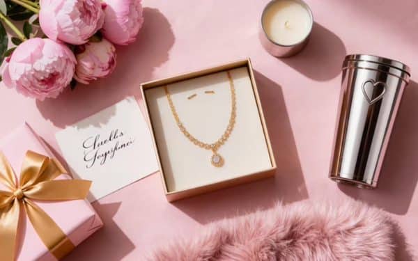 Thoughtful Mother's Day gifts for stepmom arranged on a pink tablecloth including jewelry, candles, and a tumbler