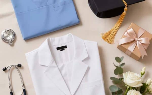 Flat lay of nursing school graduation gifts including stethoscope, graduation cap with gold tassel, scrubs, white coat, wrapped gift box with blush ribbon, and white roses with eucalyptus