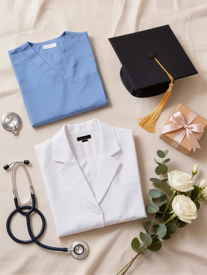 Flat lay of nursing school graduation gifts including stethoscope, graduation cap with gold tassel, scrubs, white coat, wrapped gift box with blush ribbon, and white roses with eucalyptus