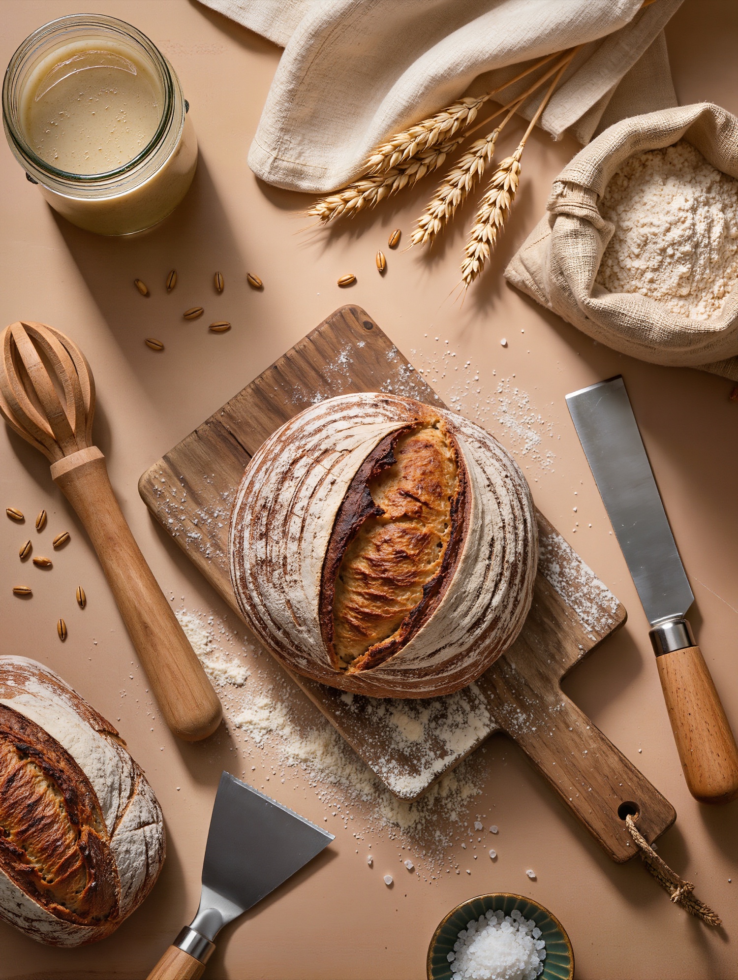 Sourdough loaves on a wooden cutting board with scattered flour, wheat stalks, dough scraper, whisk, and a jar of starter — flat-lay product photo for the GiftingWho sourdough baker gift guide