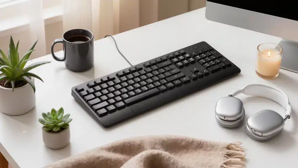 A modern flat lay photograph of work from home gifts including ergonomic keyboard, headphones, coffee mug, desk plant, and candle on a minimalist desk