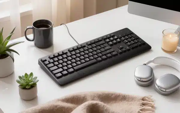 A modern flat lay photograph of work from home gifts including ergonomic keyboard, headphones, coffee mug, desk plant, and candle on a minimalist desk