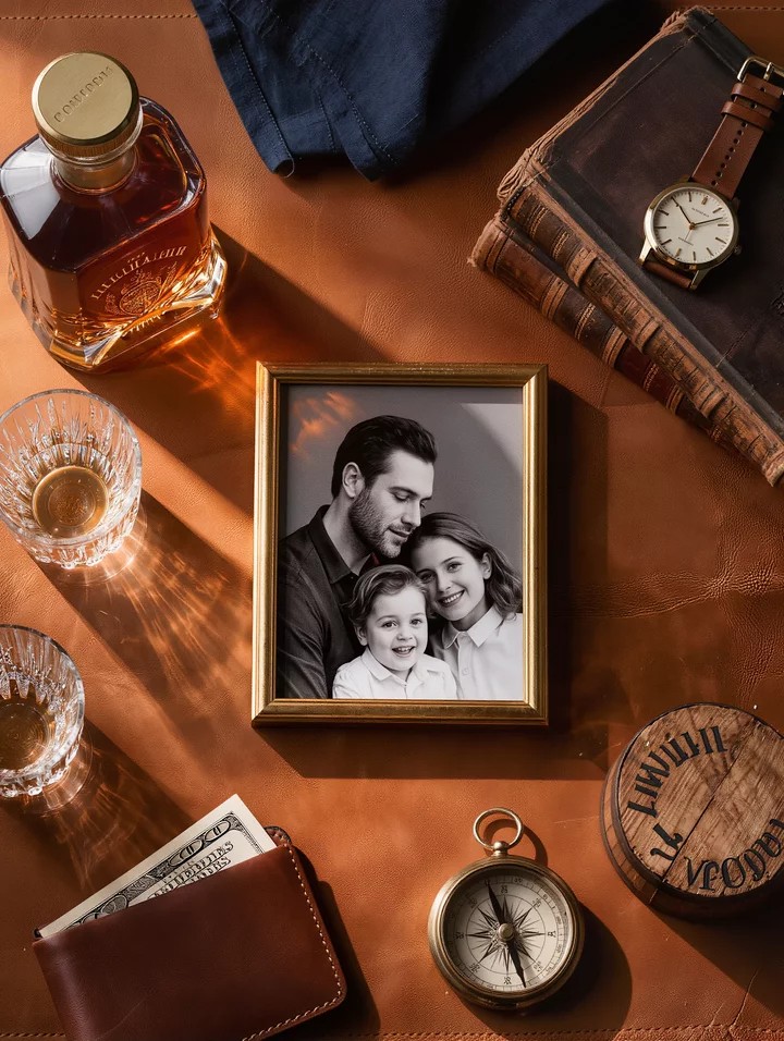 Father's Day gifts for the dad who has everything, flat-lay of bourbon decanter, engraved leather wallet, family photo, vintage compass, hardcover books, and brass-cased watch on worn leather