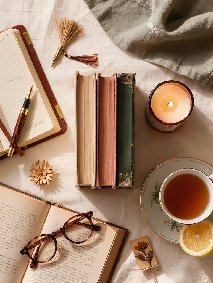 Gifts for bookworms who have read everything, cozy flat-lay of three hardcover books, leather journal with fountain pen, brass bookmark with tassel, amber candle, porcelain teacup with lemon, tortoise reading glasses, and pressed botanical bookmark on cream linen