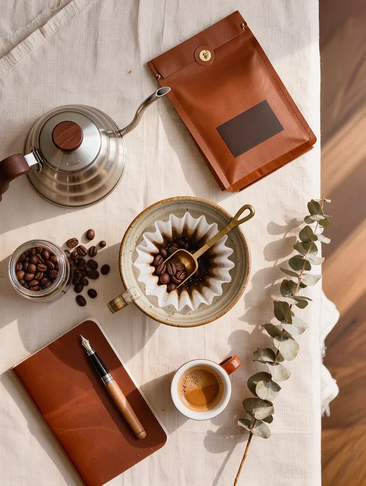 Gifts for coffee snob who has everything flat-lay with hand-thrown ceramic pour-over dripper, stainless gooseneck kettle, open jar of whole coffee beans, brass coffee scoop, leather coffee bag, porcelain espresso cup, leather journal, and eucalyptus on cream linen