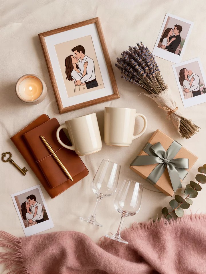 Flat-lay couples gift photography — framed couple illustration, two ceramic coffee mugs, leather journal, dried lavender, polaroid photos, kraft gift box with sage ribbon, on cream linen background