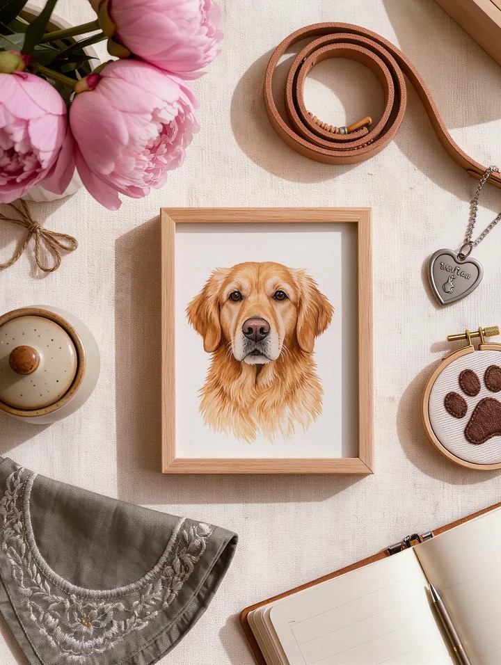 Gifts for dog moms flat-lay with framed dog watercolor portrait, engraved silver dog tag, sage embroidered bandana, ceramic treat jar, peonies, leather leash, and embroidery hoop on cream linen