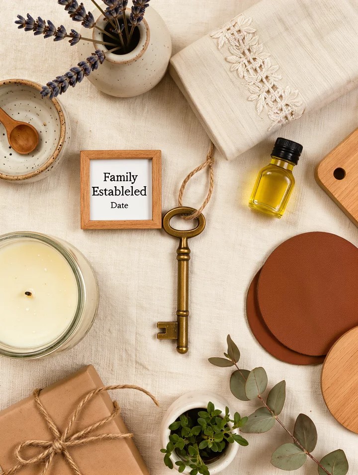 Housewarming gifts for new homeowners — flat-lay of cozy home essentials including a Le Creuset Dutch oven, custom address sign, throw blanket, and welcome mat