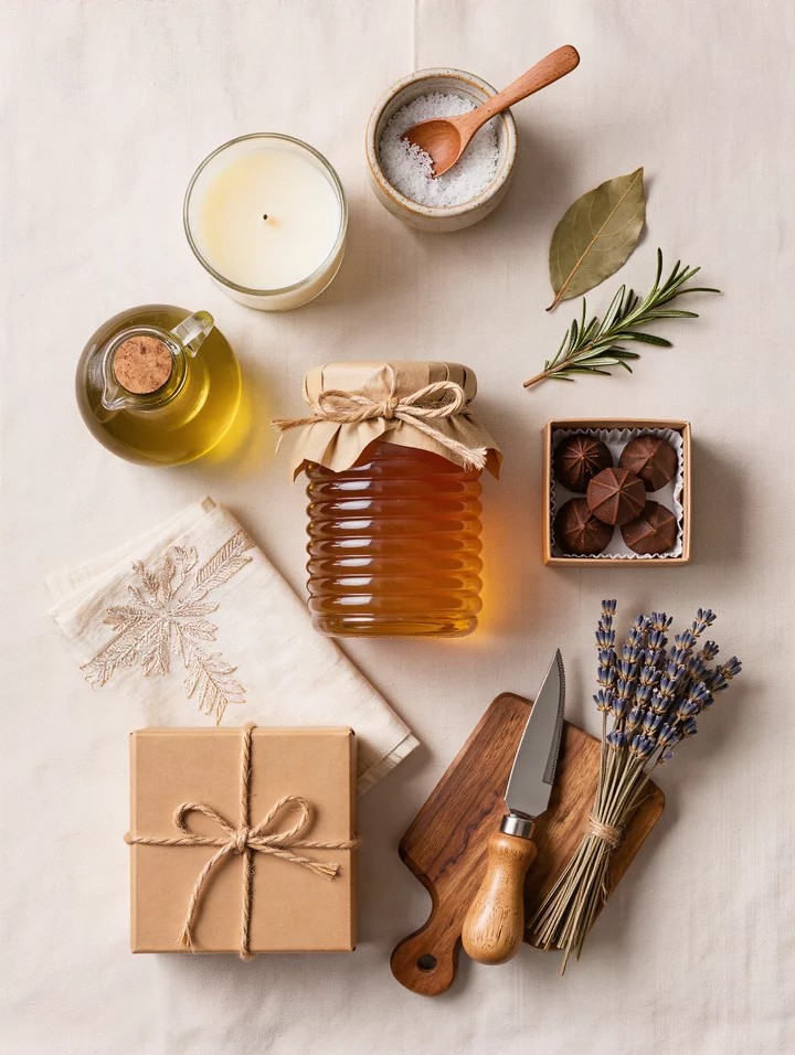 Flat-lay hostess gift photography — honey jar, olive oil, cream pillar candle, hand-thrown ceramic salt cellar, embroidered linen tea towel, chocolate truffles, kraft gift box with twine bow, on cream linen background