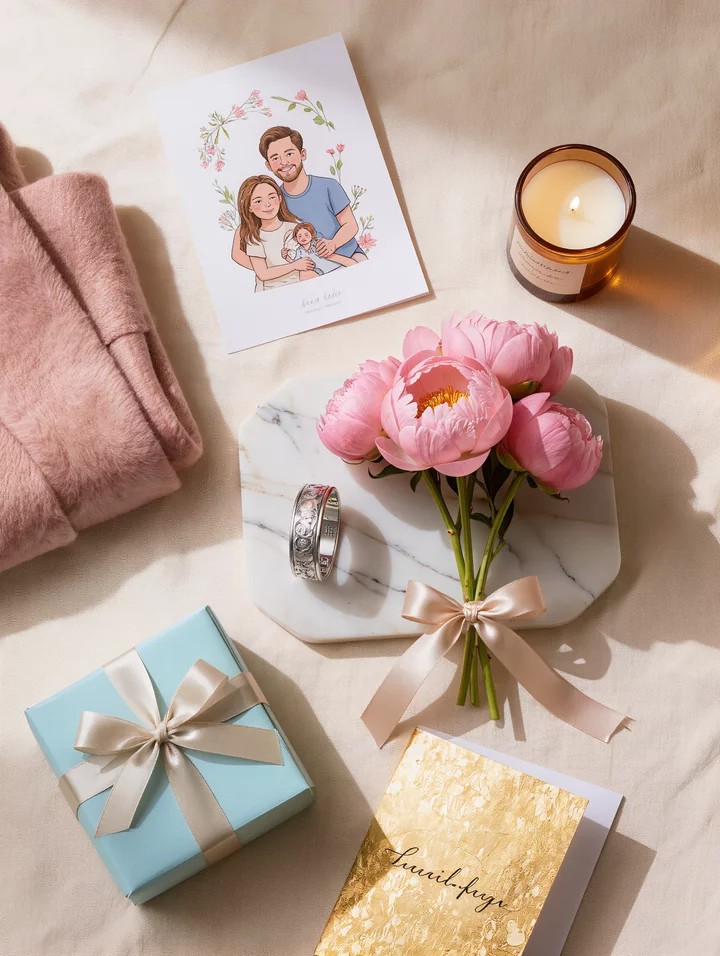 Mother's Day gifts for the mom who has everything, flat-lay of pink peonies, cashmere wrap, engraved silver bracelet, amber candle, family portrait card, and gift boxes