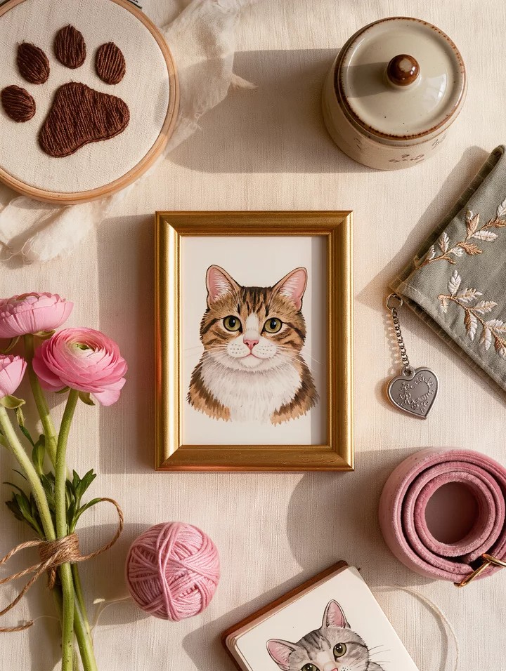 Gifts for cat moms, cozy flat-lay of framed watercolor cat portrait, engraved silver heart cat tag, sage embroidered cat bandana, ceramic treat jar, pink ranunculus, velvet cat collar, paw-print embroidery hoop, and knit cat toy