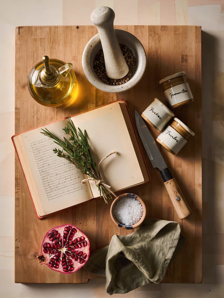 Gifts for the foodie who has tried everything, kitchen flat-lay of mortar and pestle, open cookbook with margin notes, fresh herbs, premium olive oil, hand-lettered spice jars, chef knife, sea salt, and pomegranate on oak wood