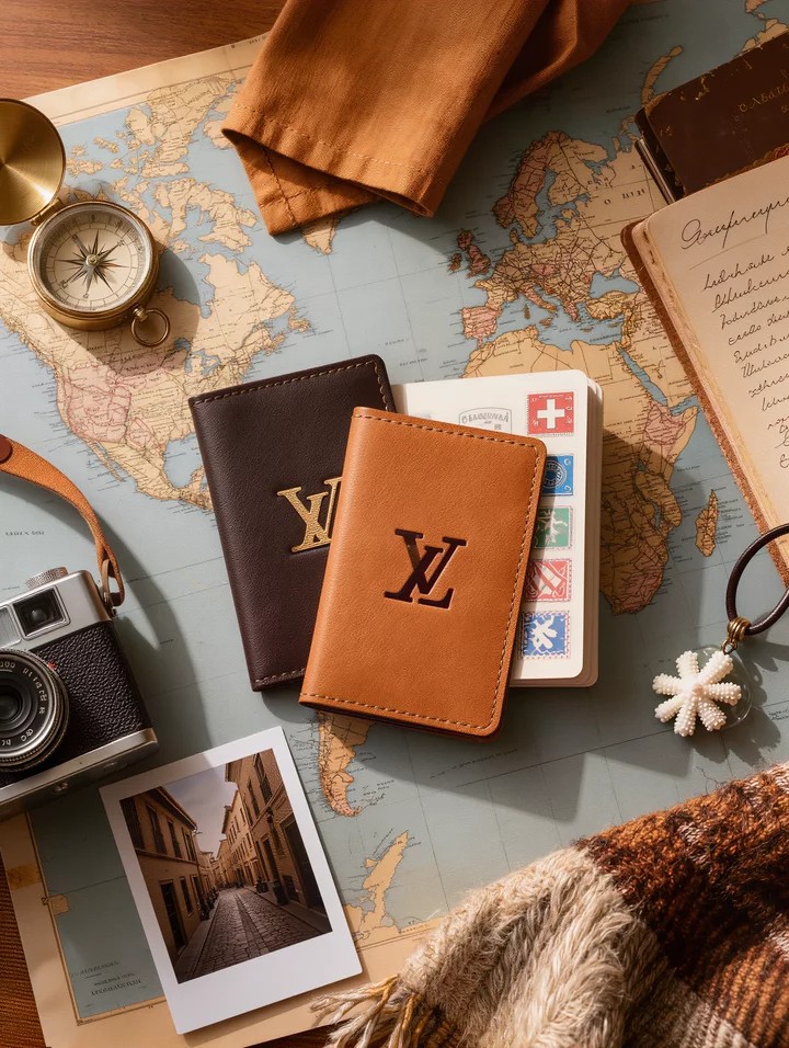 Gifts for the traveler who has been everywhere, sun-faded flat-lay of monogrammed leather passport holder, open stamped passport, vintage brass compass, film camera, travel journal, Polaroid of cobblestone street, and souvenir pendant on world map