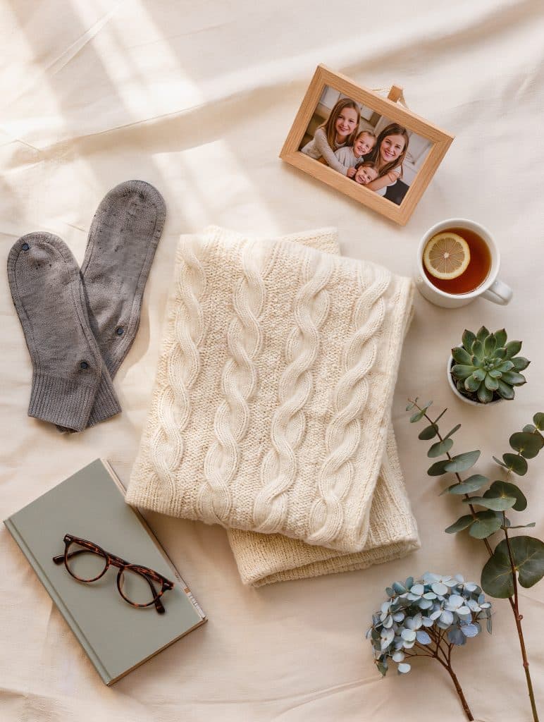 Cozy flat lay of Christmas gifts for an elderly parent in assisted living: cable knit throw, grip socks, family photo frame, tea, and reading glasses