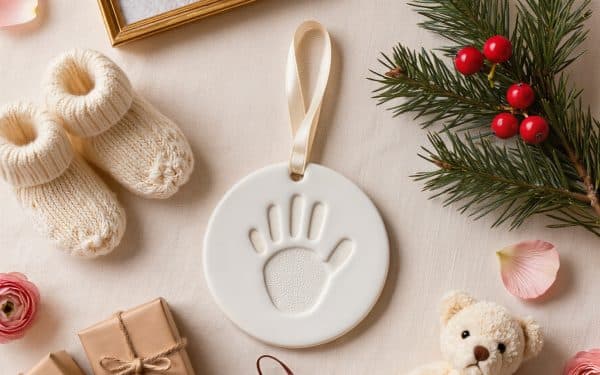 Flat lay of first Christmas gifts for new grandparents: baby handprint ornament, knitted booties, newborn photo in a gold frame, and a teddy bear