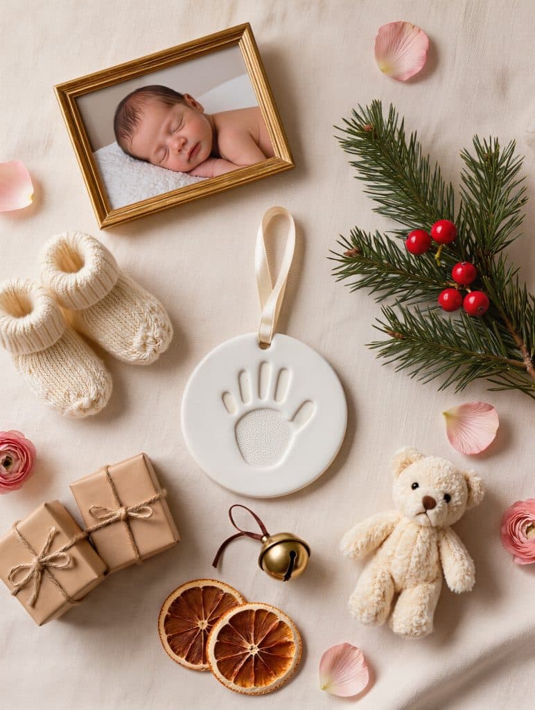Flat lay of first Christmas gifts for new grandparents: baby handprint ornament, knitted booties, newborn photo in a gold frame, and a teddy bear