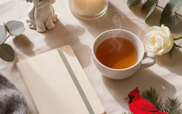Gentle flat lay of Christmas gifts for someone grieving: angel figurine, candle, cup of tea, cardinal ornament, journal, and a white rose