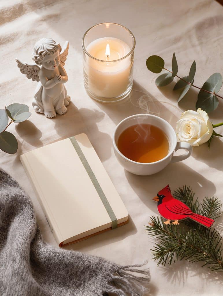 Gentle flat lay of Christmas gifts for someone grieving: angel figurine, candle, cup of tea, cardinal ornament, journal, and a white rose