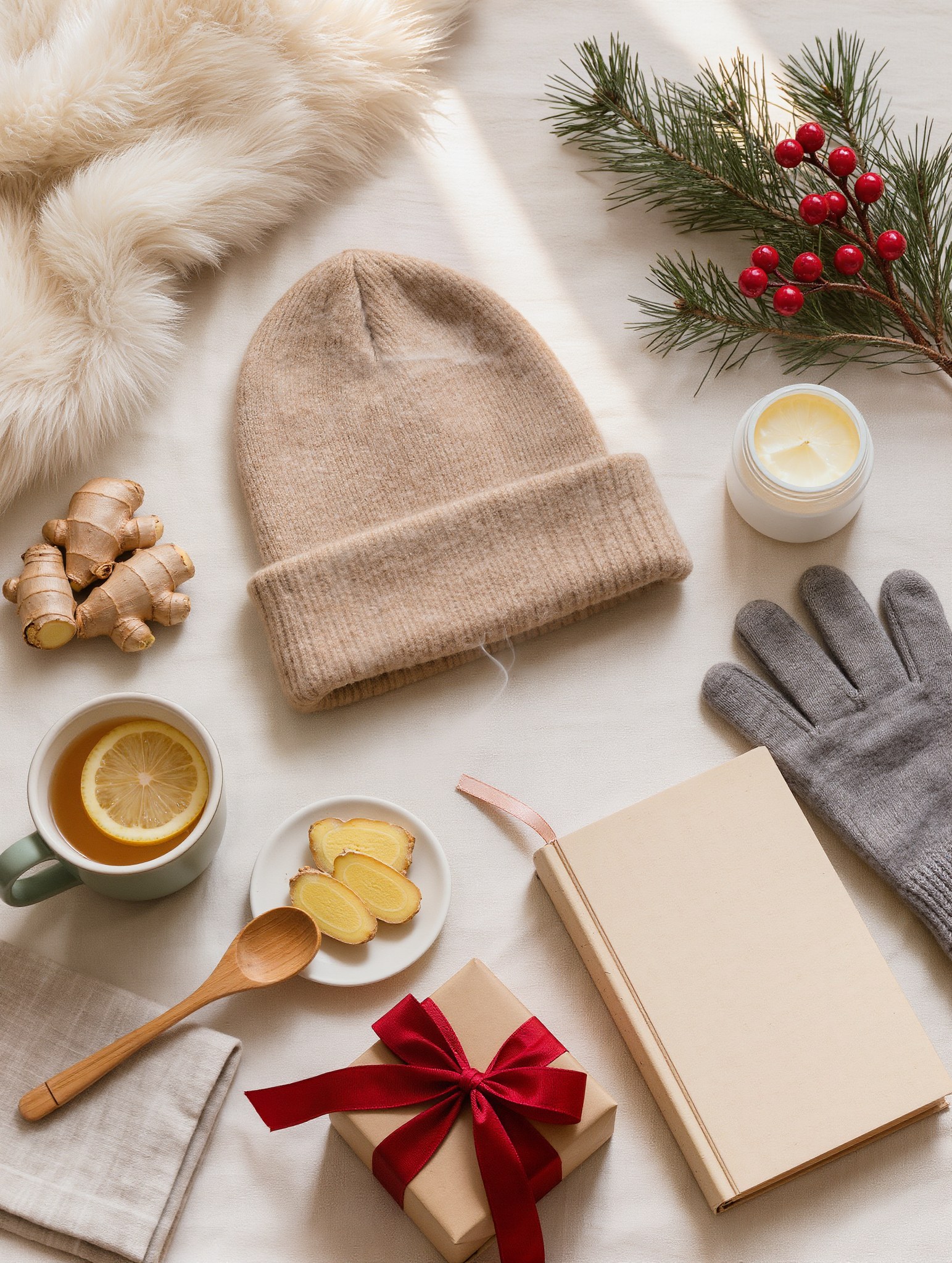 Christmas gifts for cancer patients: a cashmere beanie, ginger tea, a bamboo spoon, soft gloves, skin balm and a wrapped present on cream linen