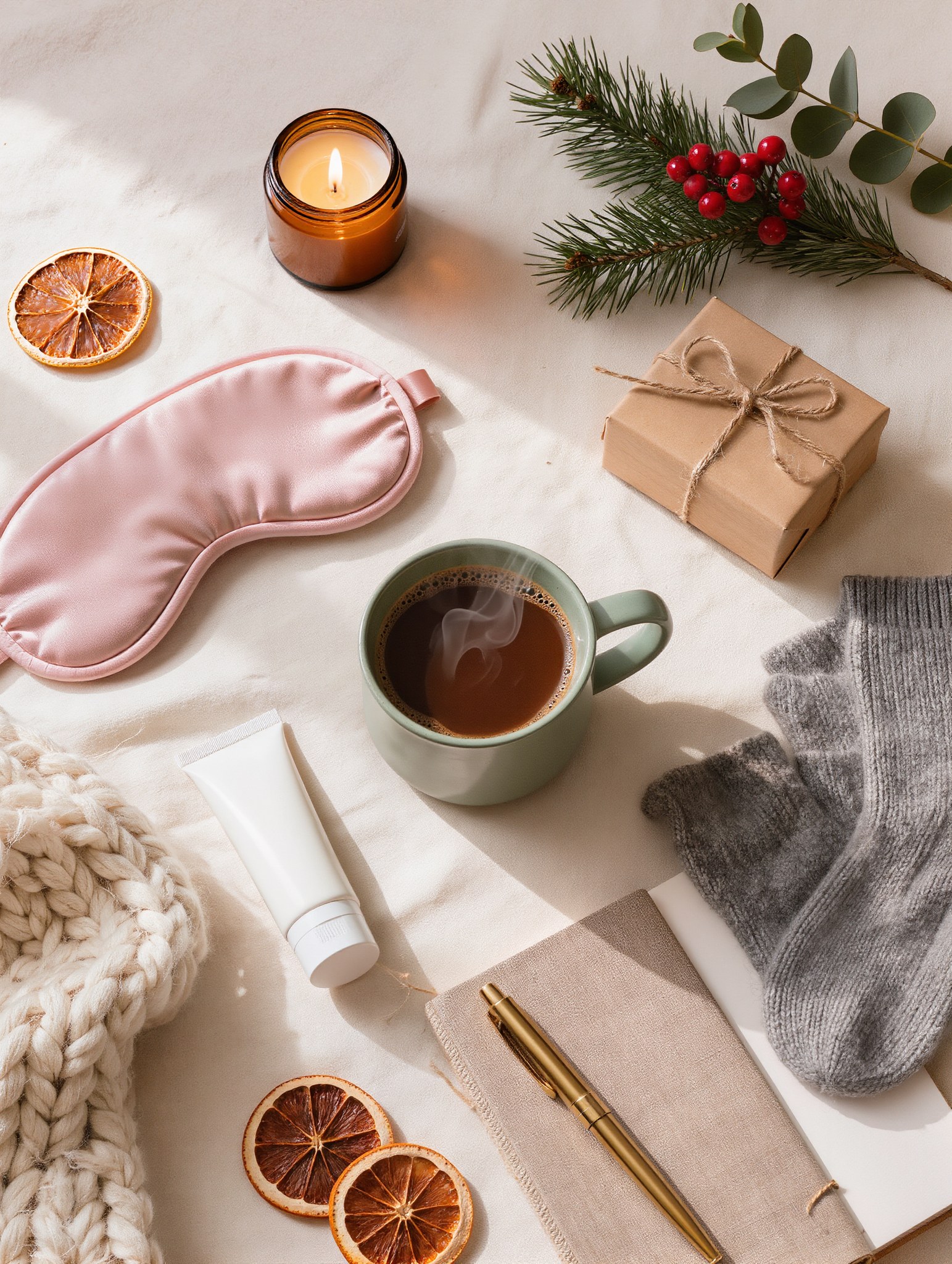 Restful flat lay of Christmas gifts for caregivers: silk sleep mask, mug of coffee, amber candle, hand cream, wool socks, knit throw and a linen journal with a gold pen