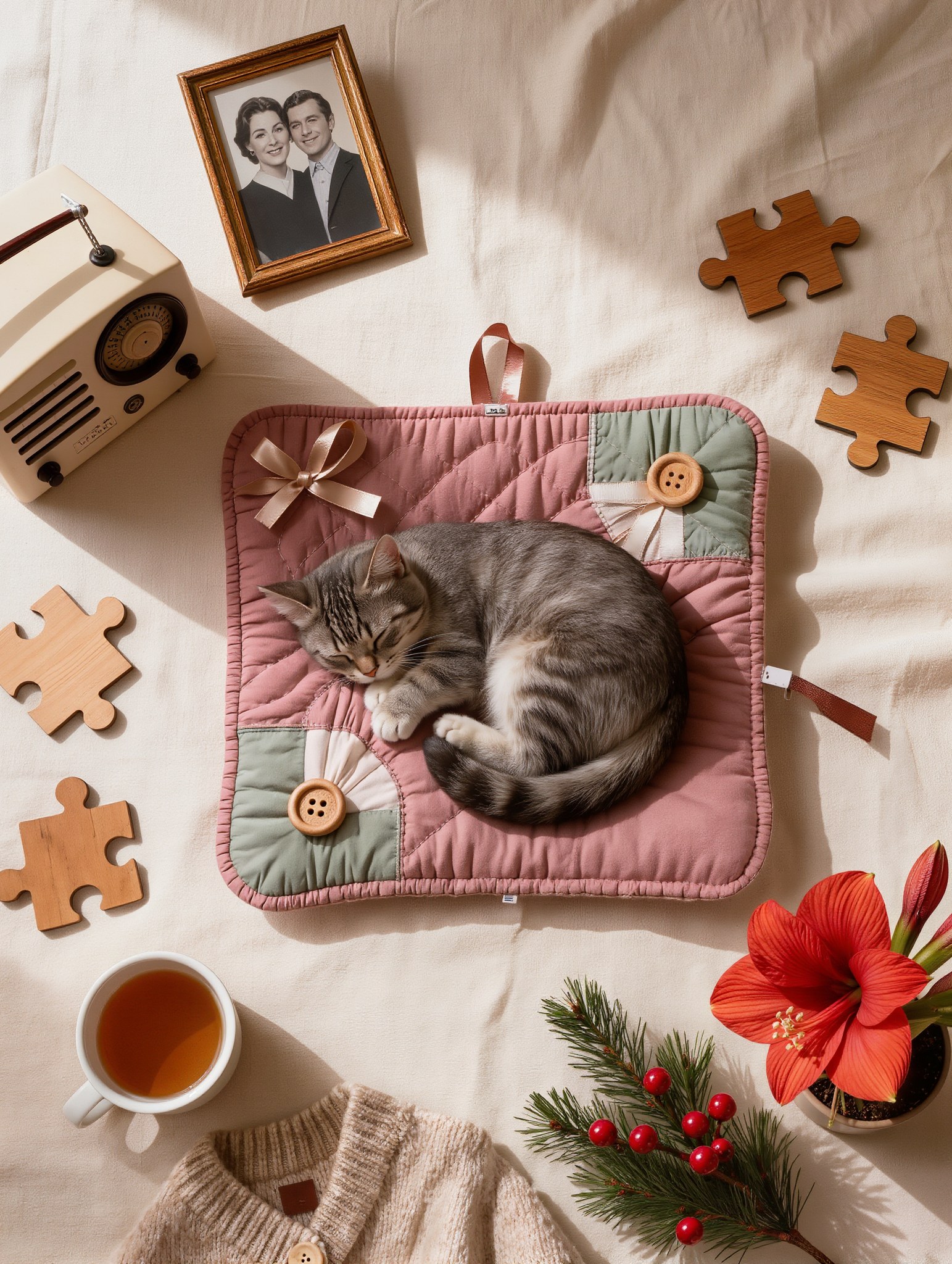 Calm flat lay of Christmas gifts for someone with dementia: quilted fidget blanket with a sleeping tabby cat, vintage radio, family photo, large wooden puzzle pieces, red amaryllis and a cup of tea